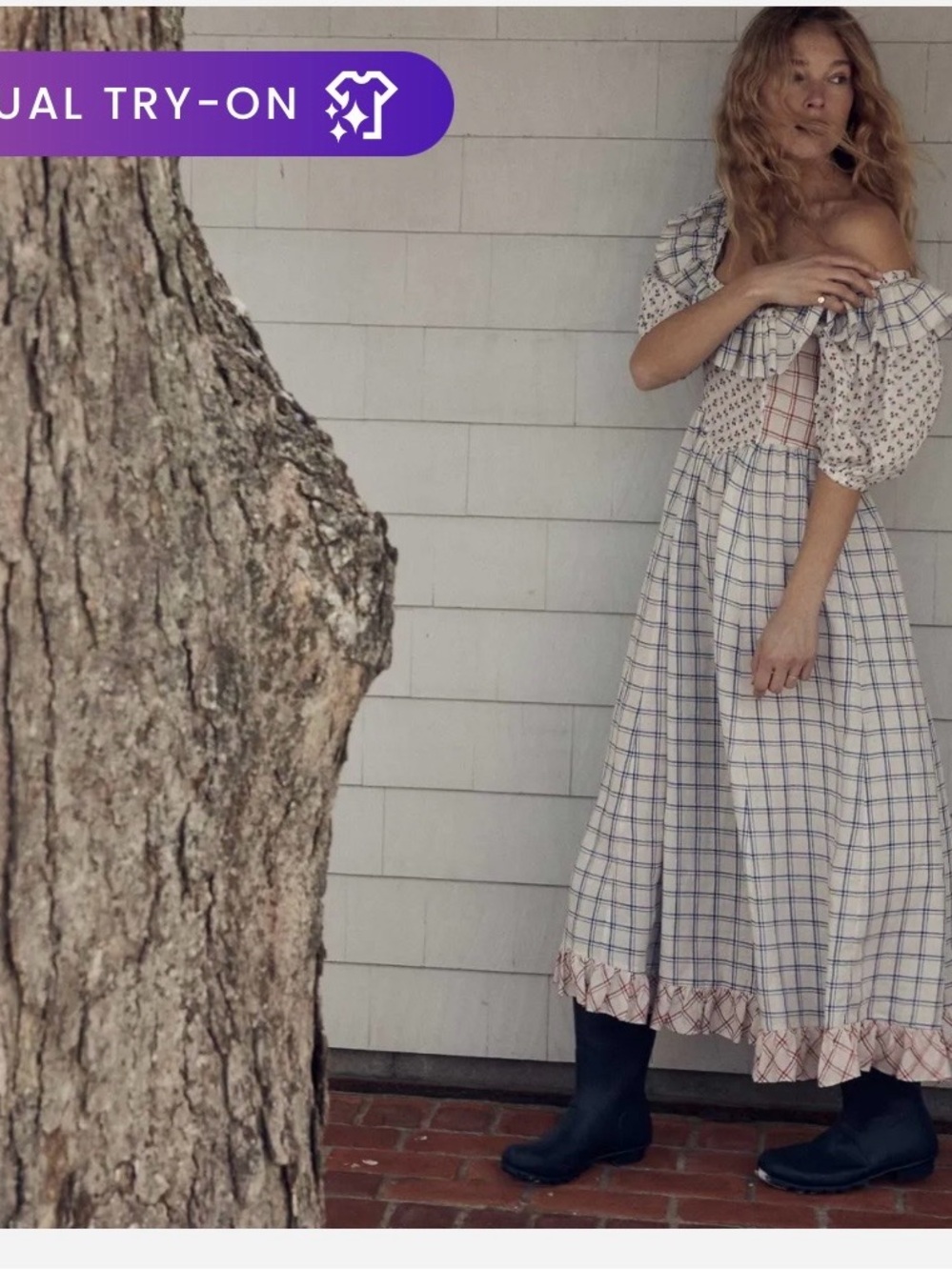 DOEN ALMADA DRESS --ATTICUS PRINT MIX Off-Shoulder Plaid Dress Cream and Blue